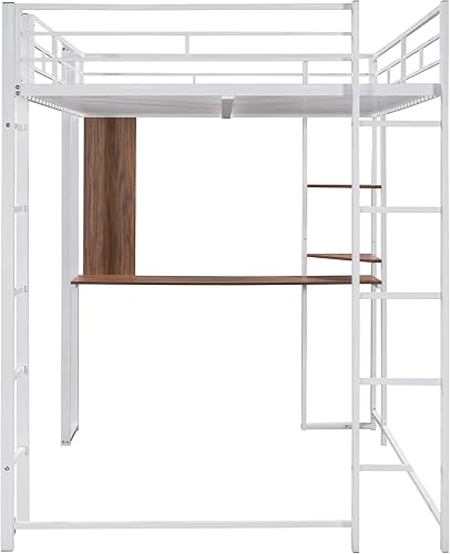 Miniatura 7 de Cama alta de metal de tamaño individual con escritorio y estante estructura de metal con barandilla de seguridad para dormitorio dormitorio