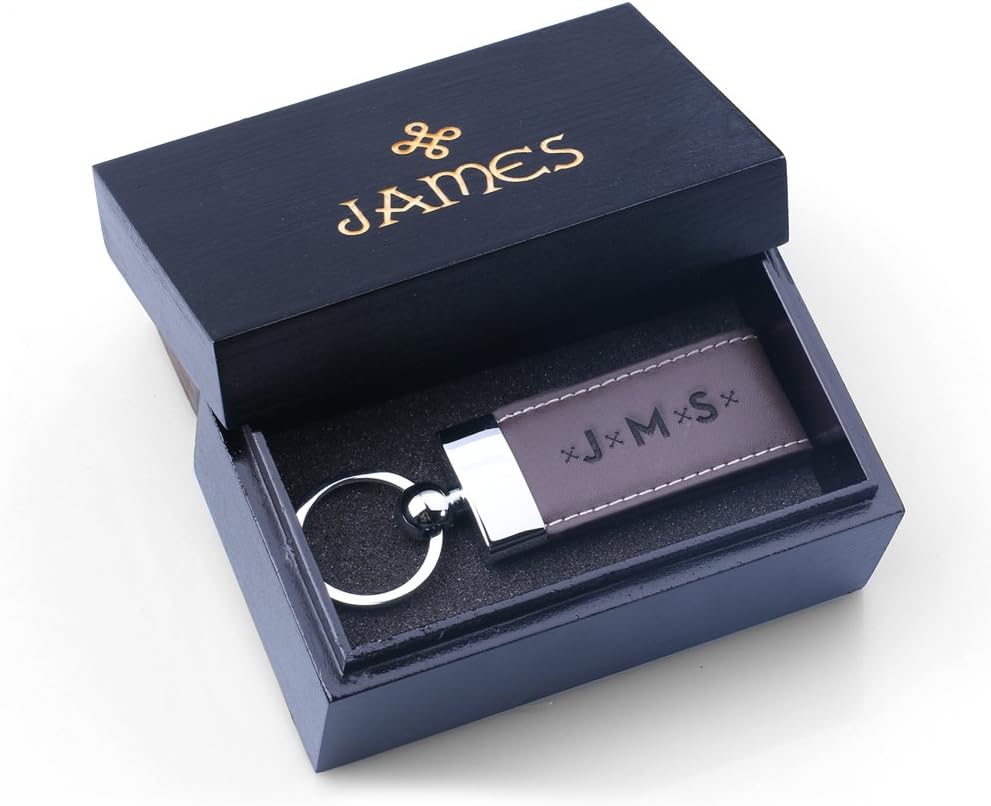 New Town Creative Full Grain Leather Key Chain in Black, Brown or Tan - Personalised Gift with Free Custom Engraving