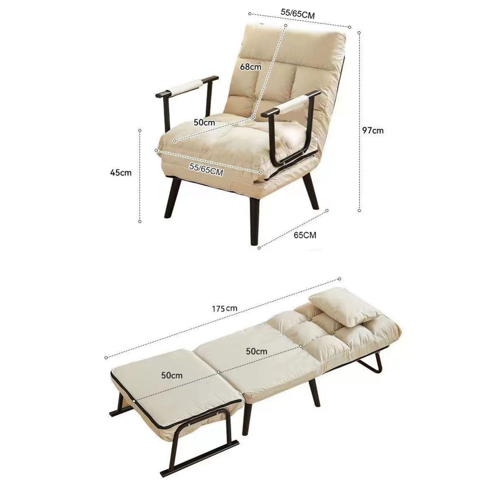 Poltrona Salotto 2 in 1,Poltrona Relax Imbottita Trasformabile da Poltrona a Lettino,con Schienale Reclinabile,Tessuto Tecnico,Struttura in Metallo,per Camera da Letto Soggiorno F,65CM