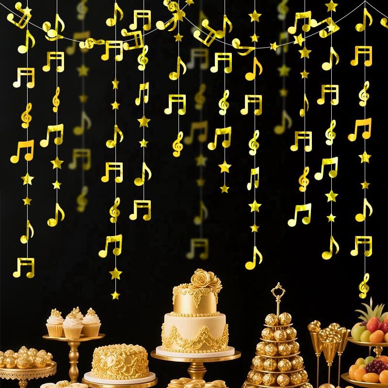 Miniatura 1 de Guirnalda colgante de estrella dorada con notas musicales brillantes, decoración de techo para cumpleaños, baby shower, fiesta, concierto, boda,