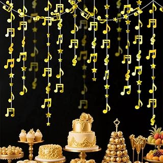 Gold Shimmering Musical Note Star Hanging Garland Gold Music Theme Party Hanging Backdrop Ceiling Decor for Birthday Baby Shower Party Concert Wedding Nursery Decorations 30 Feet