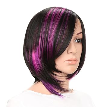 Sharebeauty 12" 30cm Short Straight Bob Wigs for Women Black with Purple Highlight Streaks