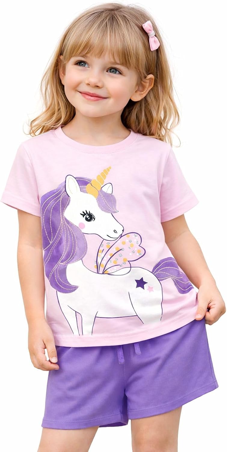 HILEELANG Girls Short Sets Cotton 2 Piece Summer Outfit Toddler Little Girl Top and Shorts 2-7T