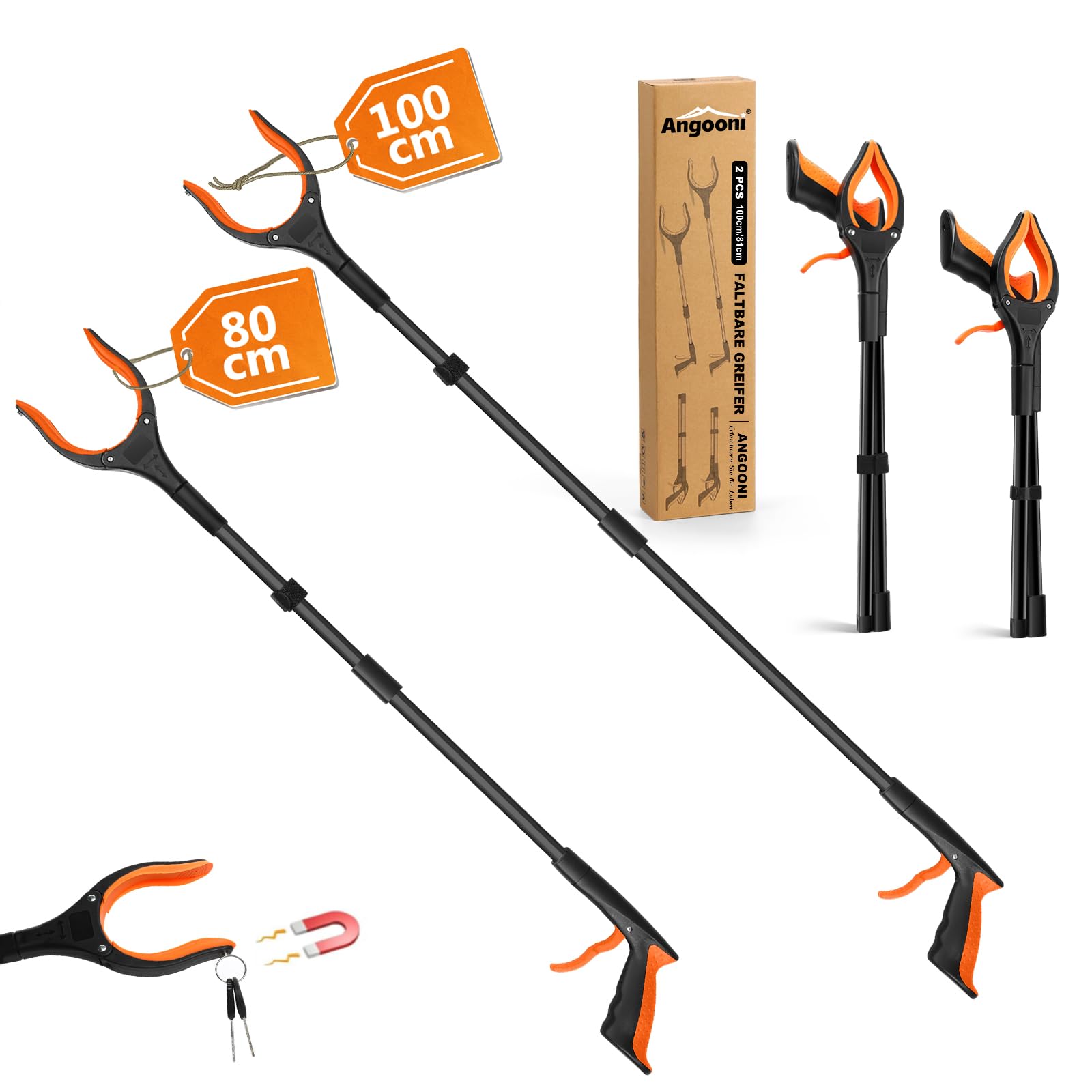 Angooni 2 Stück Müllzange Greifzange 100 cm, 80 cm - Faltbare Müllgreifer - Drehbar Greifzange für Senioren - Greifer Kinder - Greifzange für Müll mit Starkem Griff Magnetische Spitze