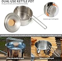 Vista 3 de Olla de camping de acero inoxidable con tapa y mango extraíble, hervidor de agua ligera para acampar al aire libre, fácil de limpiar, olla