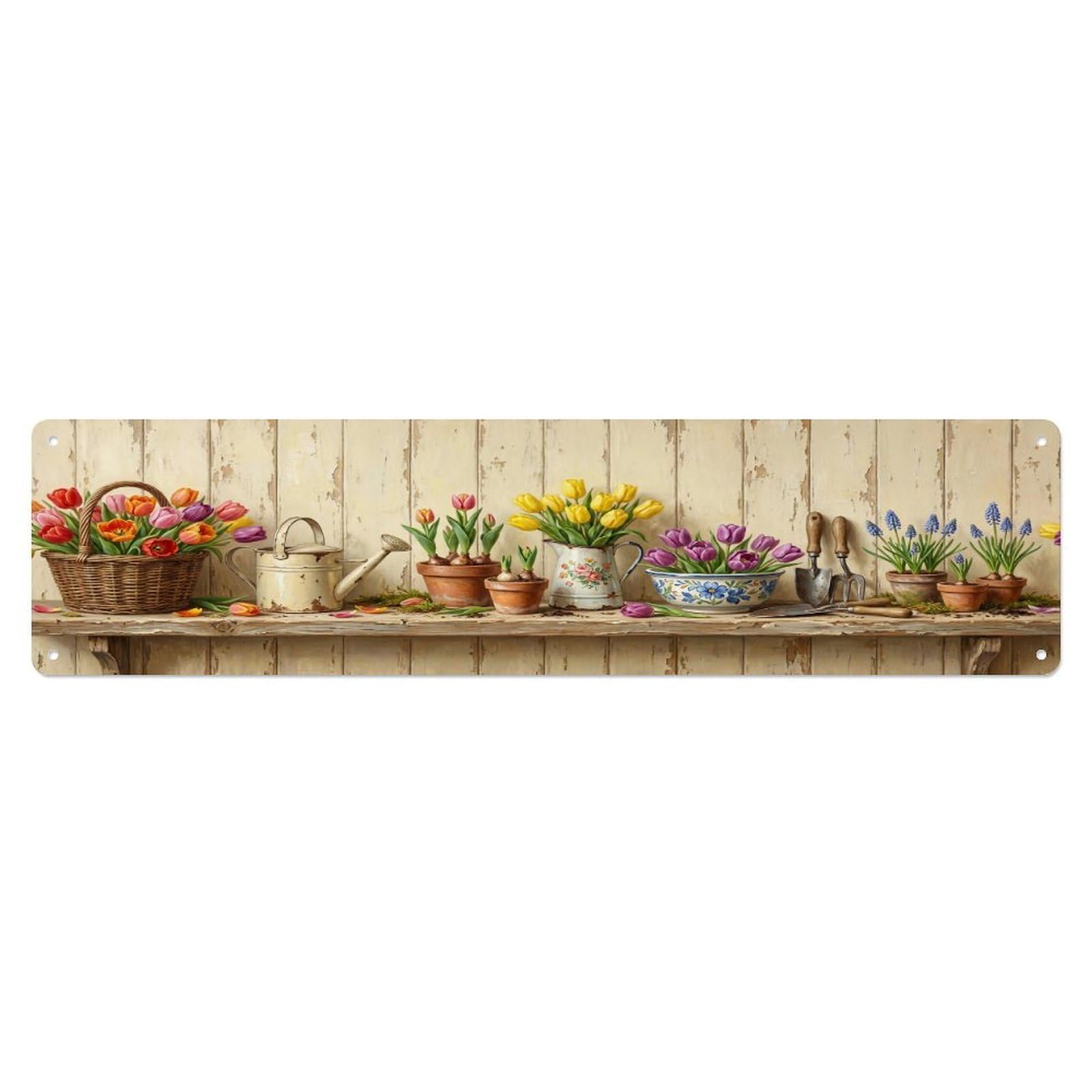 Floral Garden Tools Tulip Basket Pattern Print Metal Tin Sign