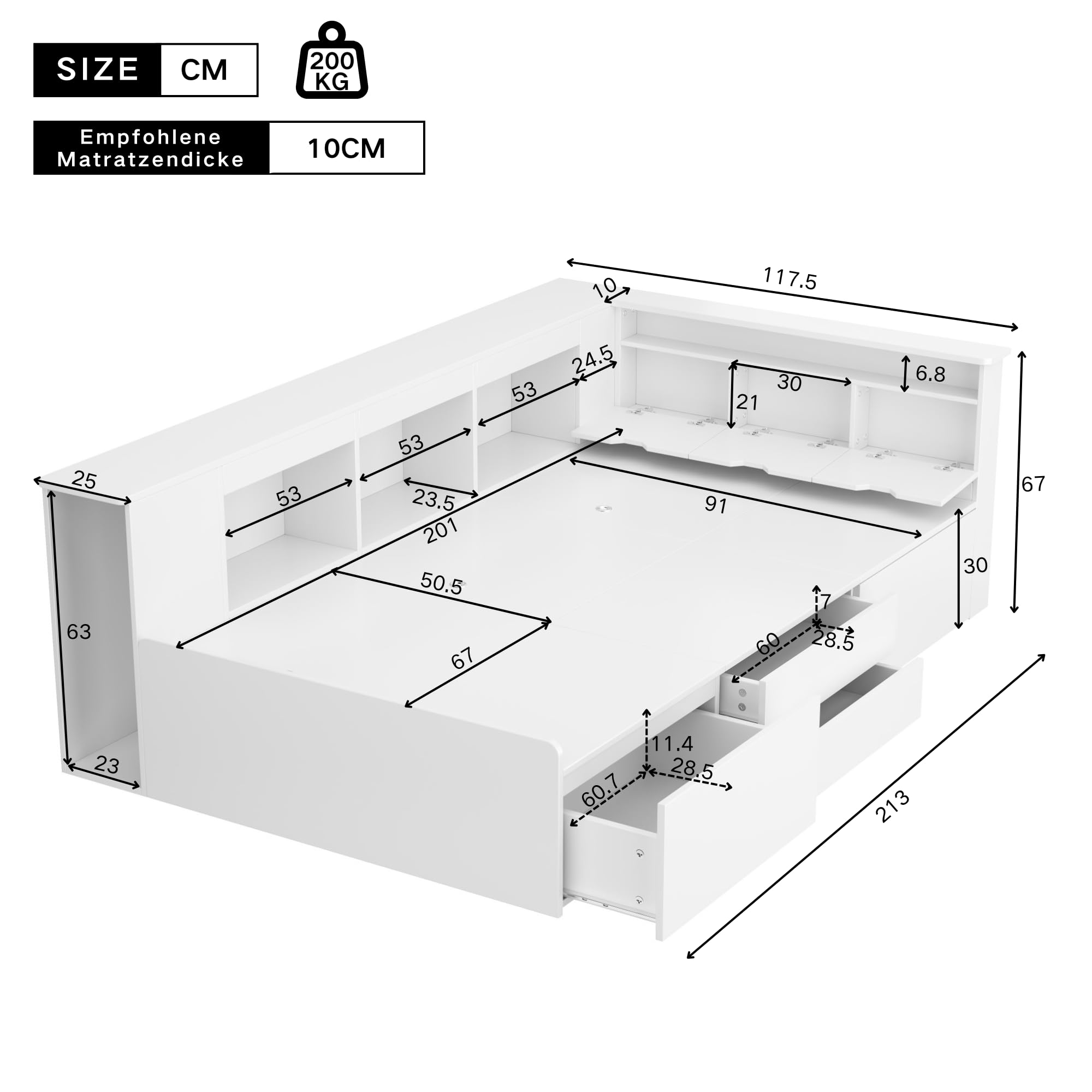 Cama para niños, 90 x 200 cm, con cajones y estantería, debajo de la cama con contenedor, multifuncional, individual, de madera, sin colchón, blanco