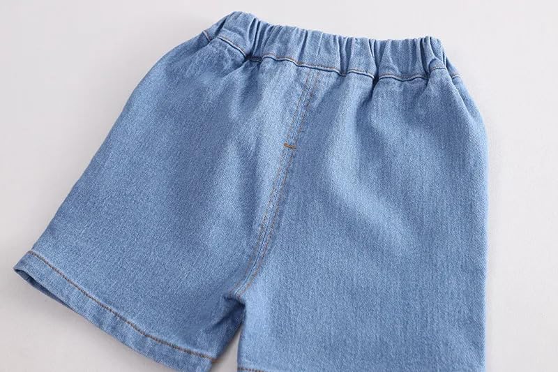 Image of Bold N Elegant Unisex Kid Cotton Solid Playful Happy Face Print Half Sleeve T-Shirt & Denim Shorts Summer Clothing Set