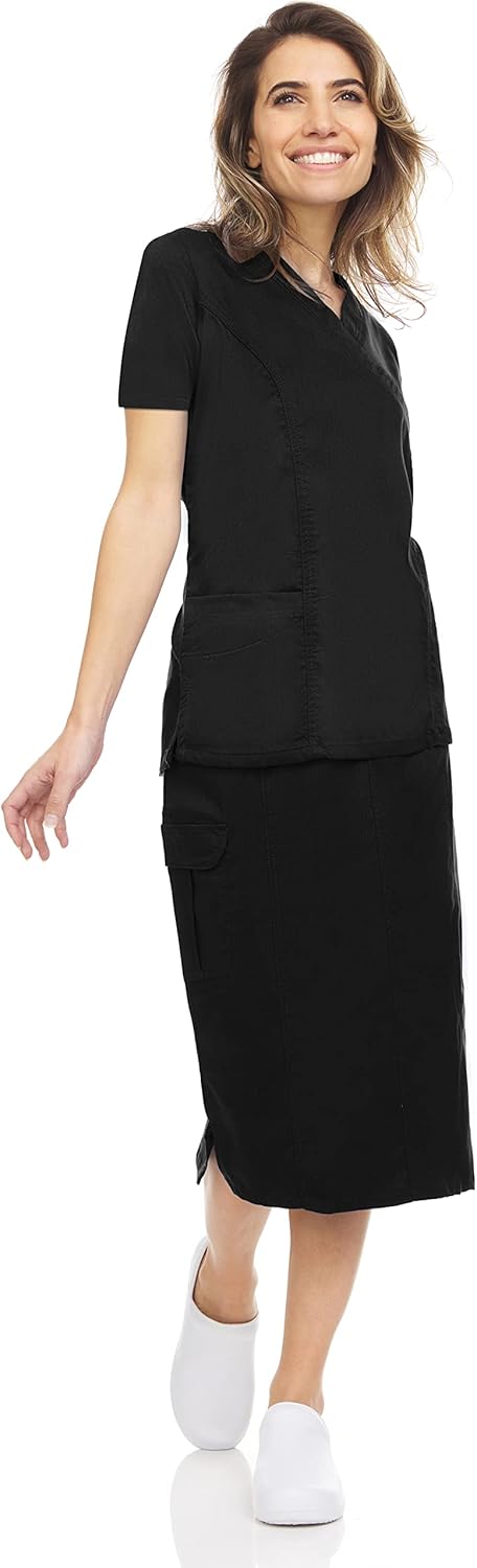 MediChic Women's Stretch V-Neck Scrubs Set with 5-Pocket Knitwaist Skirt