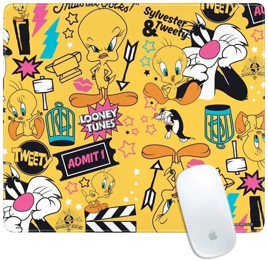 Skinit Small Gaming Mouse Pad - Officially Licensed Tweety Bird Super Sized Pattern Design with Stitched Edges, Waterproof, Non-Slip Rubber Base, Desk Mat for Keyboard & Mouse, 12.6" x 11" inches