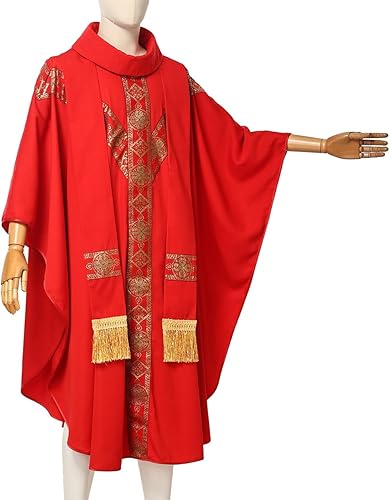 Miniatura 3 de ANDHOM Vestimenta de iglesia para sacerdotes católicos, ropa de misa de casulla y bata de cuello redondo con estola de pastor, Rojo -