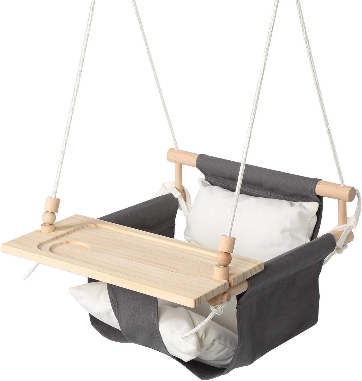 KINSPORY Toddler Swing with Soft Cushion, Safety Buckle & Detachable Tray, Adjustable 57~71'' Canvas Baby Swing, High Back Infant Seat for Children' Room, Backyard, Playground Set (Grey)