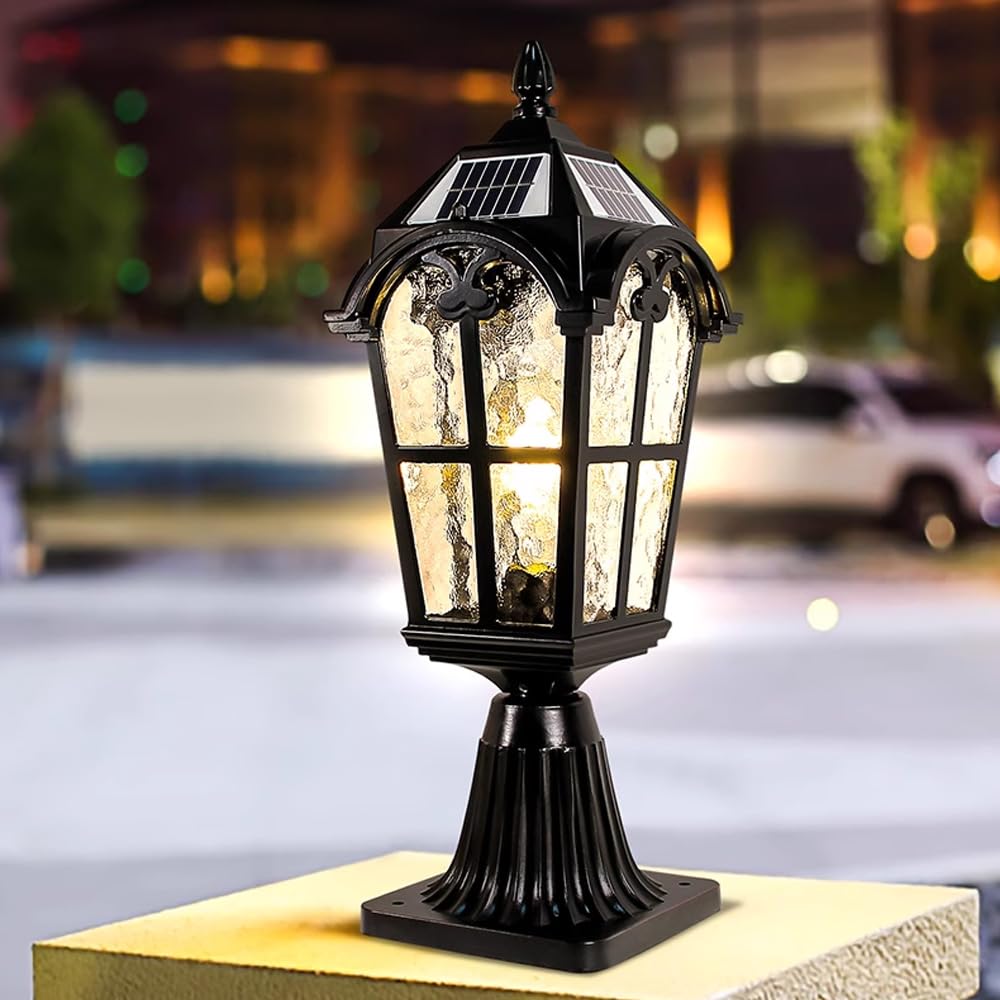Farola Solar Exterior de Cristal Vintage, farola de Pilar Impermeable IP65 con Carcasa de Aluminio, luz de Columna Solar LED, luz para Tapa de Valla, terraza, Patio, Villa, jardín, Entrada.