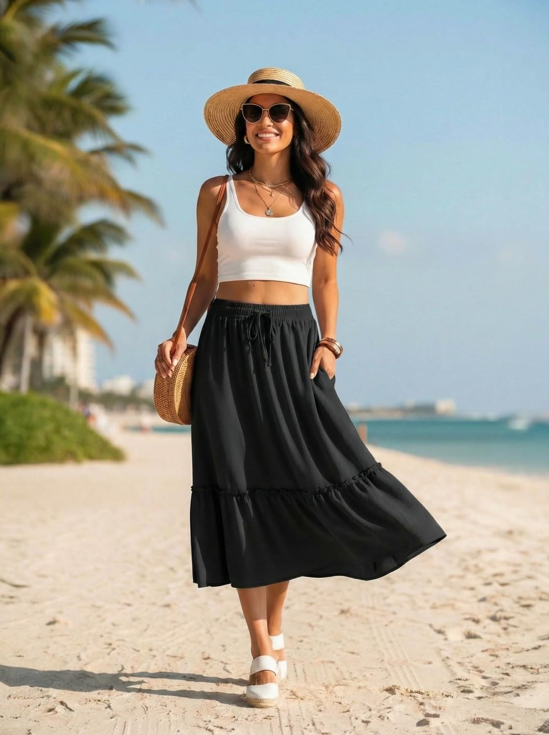 PrinStory Rock Damen Sommer Lang Sommerrock Hohe Taille Midirock mit Taschen Kordelzug Leicht Luftig Skirt
