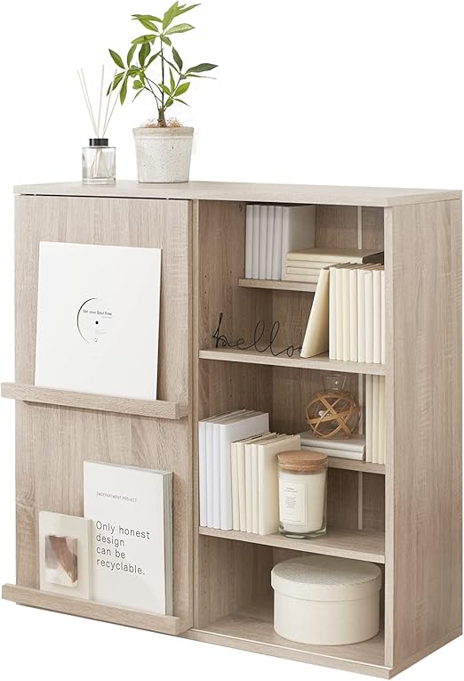 Amazon Lowya ロウヤ 本棚 おしゃれ ディスプレイラック マガジンラック コミック 収納 幅90cm スリム 扉付き オーク 本棚 オンライン通販