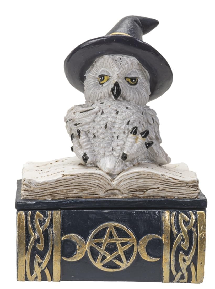 Chouette en résine sur grimoire sculpture de collection aux détails authentiques