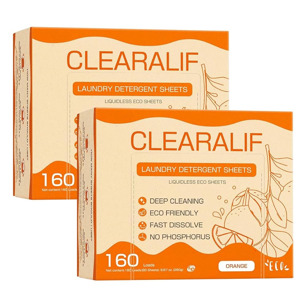 CLEARALIF Laundry Detergent Sheets (320 Loads), Orange,Great For Travel,Apartments, Dorms,CLEARALIF Laundry Detergent Strips Eco Friendly & Hypoallergenic (80 Count, Pack of 2)