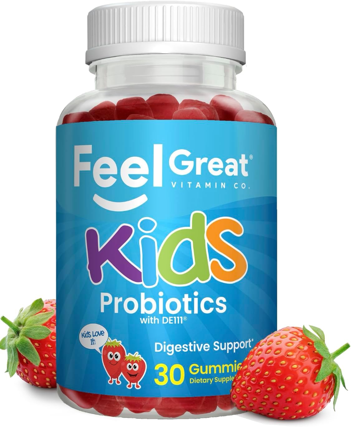 Feel Great USDA Organic Kids Probiotics Gummies | Chewable Strawberry Probiotics for Digestive Health & Immune Support | Plant Based Probiotic & Prebiotic for Kids | 30 Count