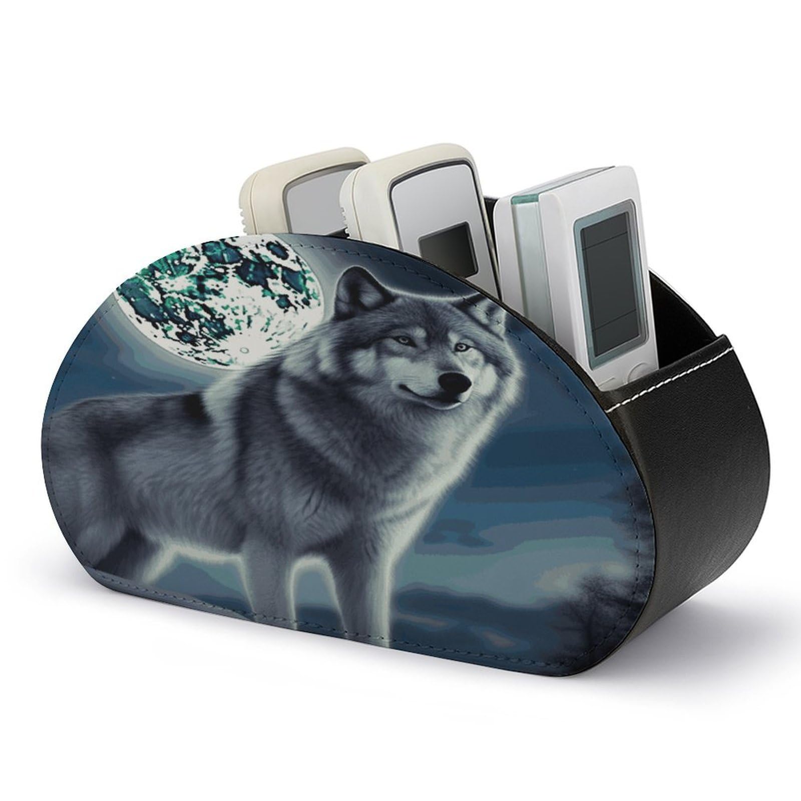 VstaDank Wolf Under Moon Remote Control Holder with 5 Compartments PU Leather Remote Caddy Desktop Organizer Store TV Remote Control Storage Box for Home Office Desk Nightstand