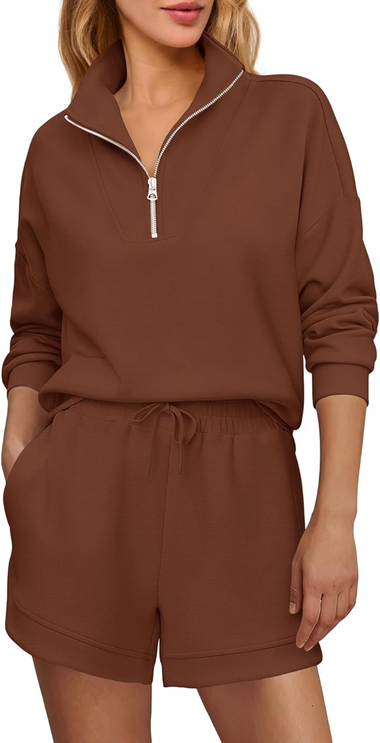 Panadila Womens Oversized Sweat Set 2 Piece Sweatsuits Airport Travel Lounge Set Long Sleeve Half Zip Top and Shorts - Image 2