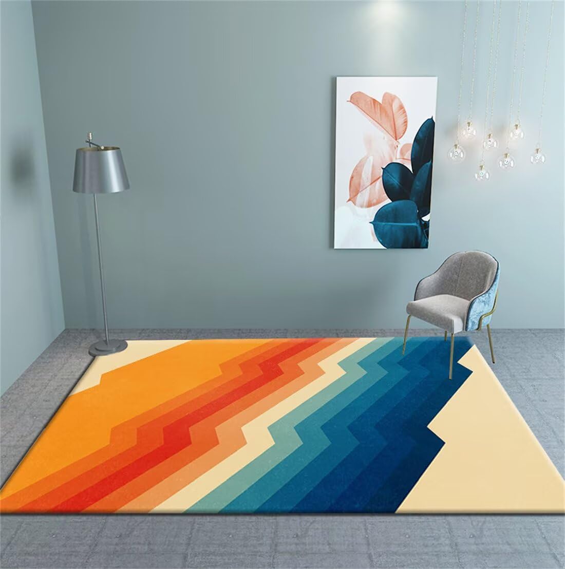 Tapis de salon bleu orange rectangulaire 140x200 lavable en machine