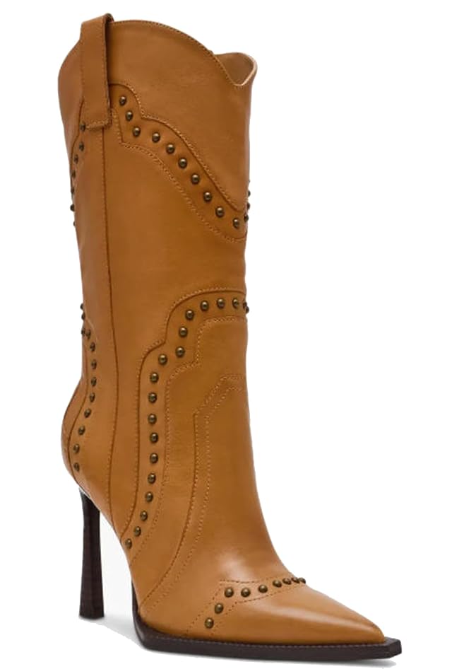 Studded Western Pointed Toe Knee High Boots with Stiletto Heel