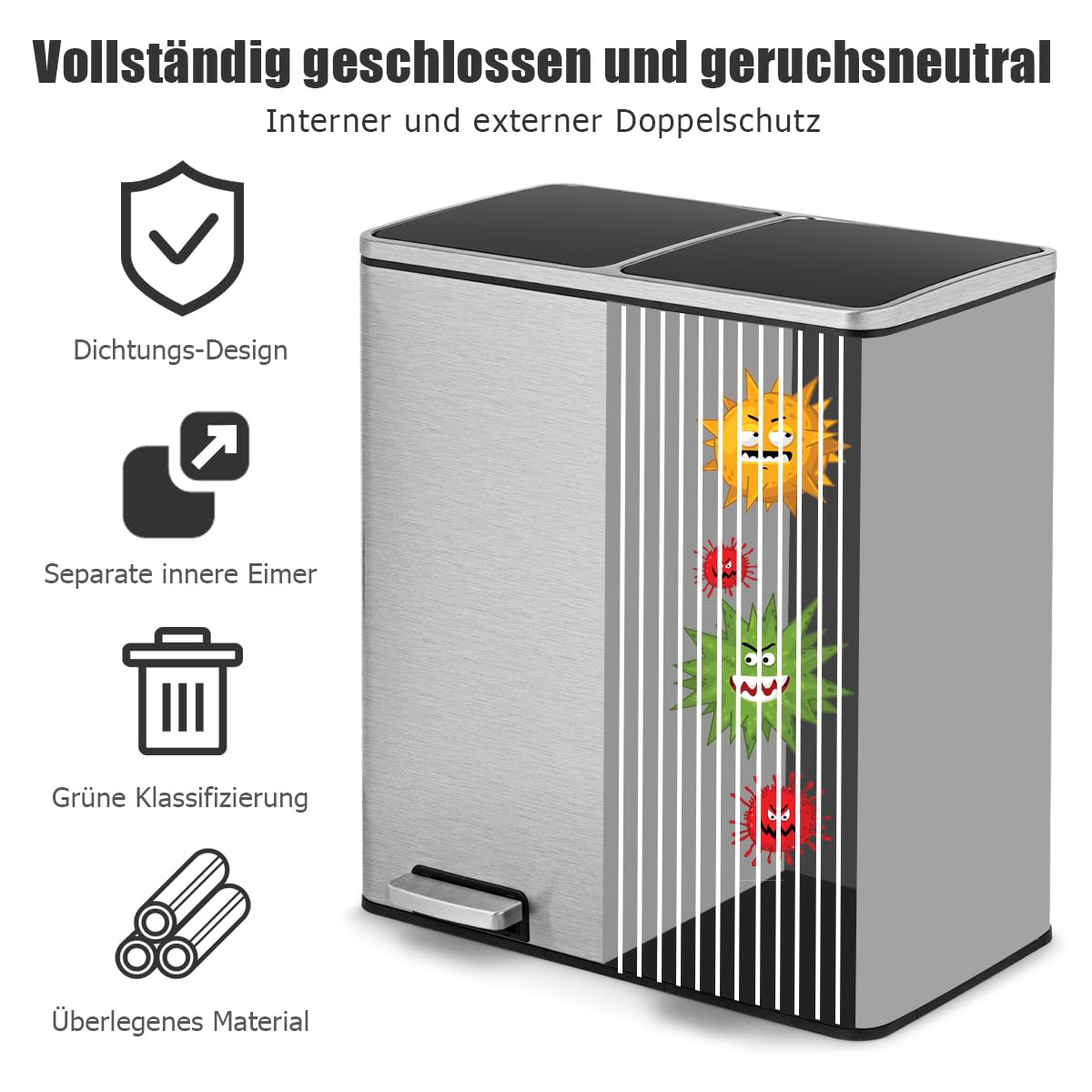 GOPLUS Cubo de basura de acero inoxidable, 2 x 30 L, con 2 compartimentos, a prueba de olores, con tapa, asas, pedal de metal y 2 cubos interiores de plástico, cierre de suavidad para cocina y salón