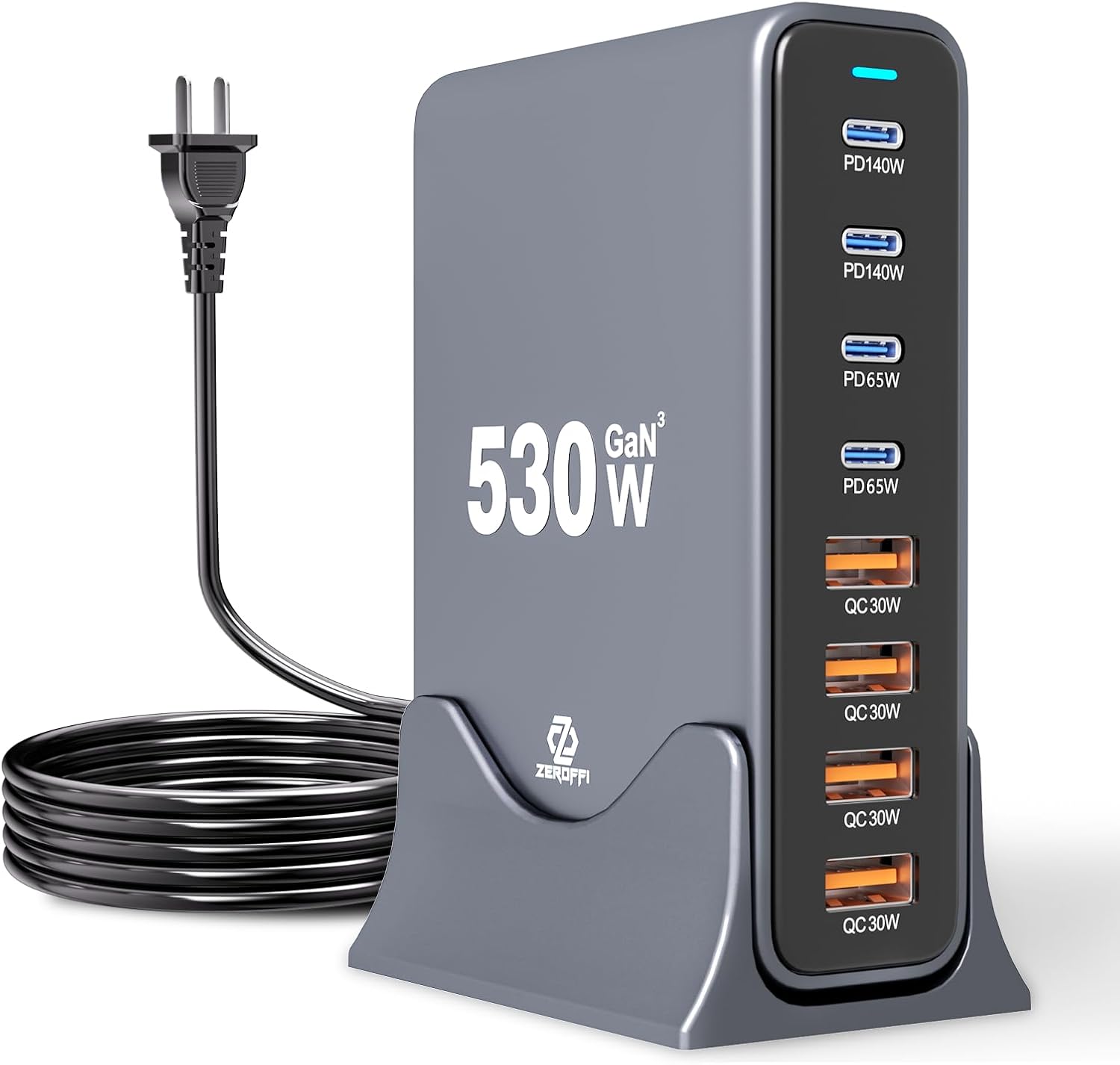 530W USB C Charging Station, 8-Port Desktop Charger, PD 140W PD 65W QC 30W GaN Ⅲ Fast USB Charger Block for MacBook, Ipad, iPhone, Samsung