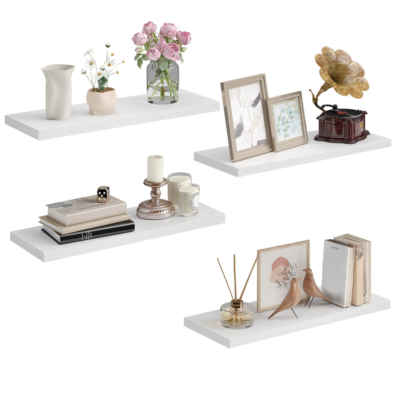Somdot Wandregal Schlafzimmer, 40cm, T-Halterungen, 4er Set, Weiß | Schweberegal, Hängeregal,mit Wasserwaage, Holzwerkstoff, dekorativ, einfache Montage, Wohnzimmer, Küche, 14,7T x 40B x 1,5H