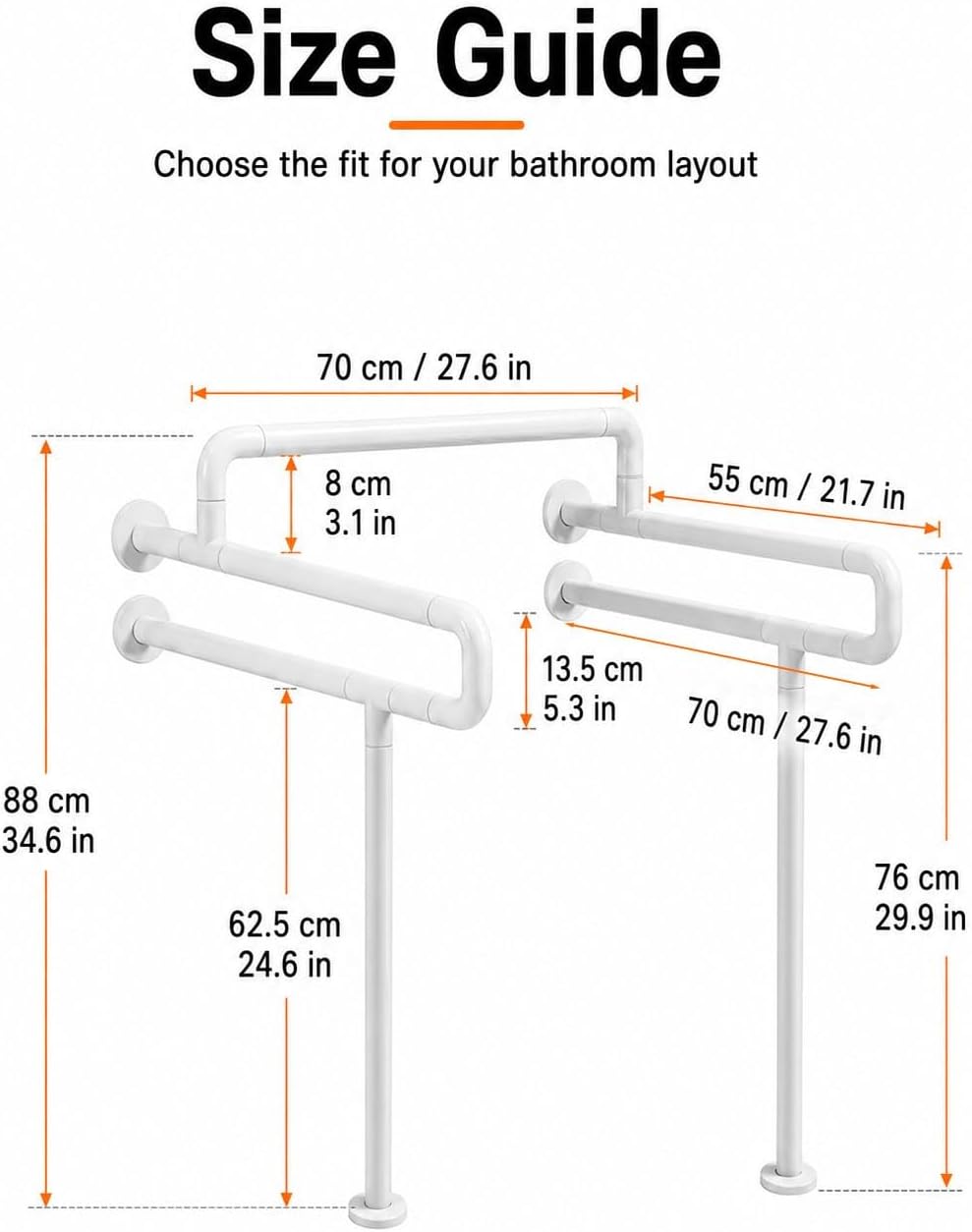 Yellow Toilet Support Rail, Bathroom Grab Bar with Floor Legs - 70cm (27.56in) Stability Aid for Seniors, Disabled & Elderly Safety, Non-Slip Design