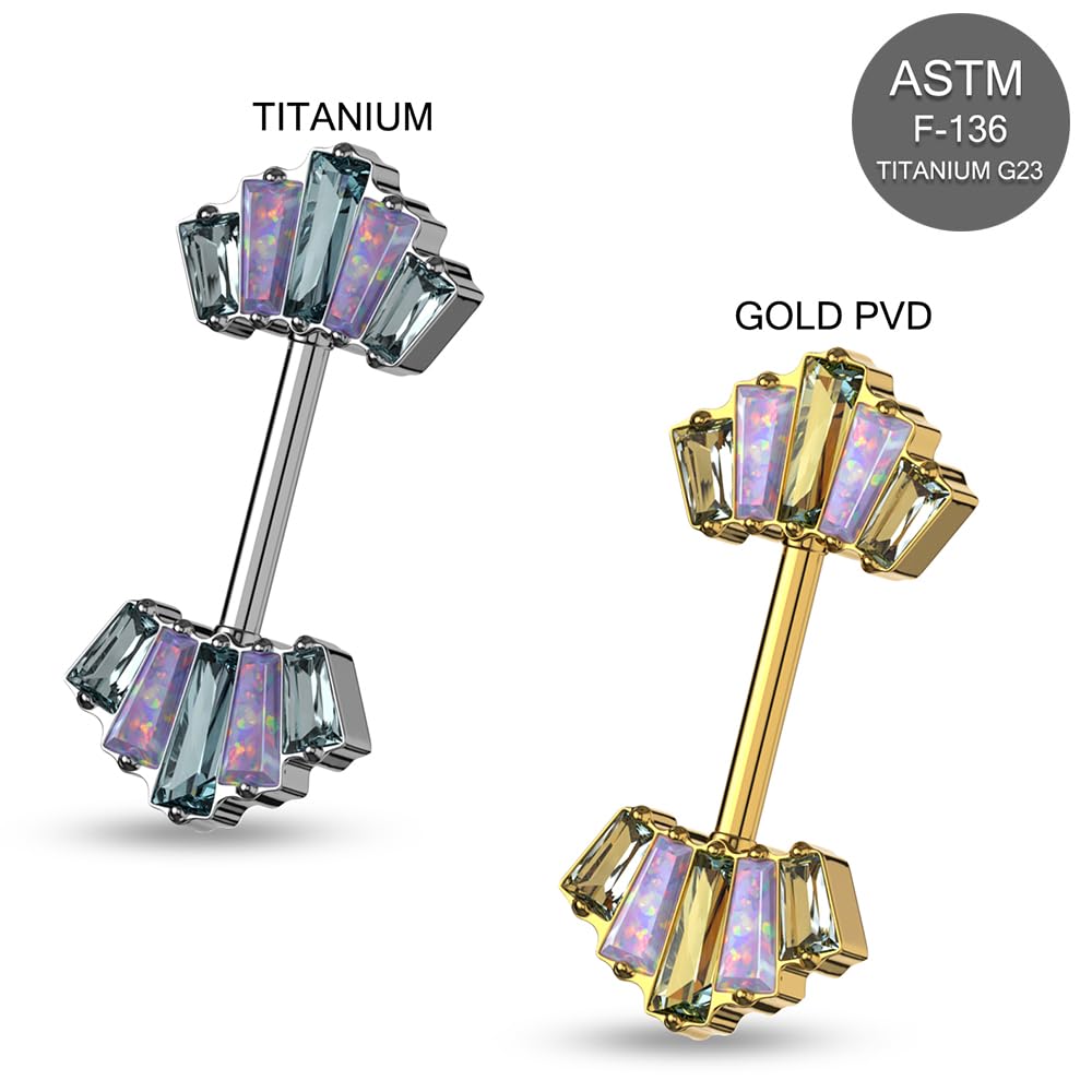 G23 Grade Titan Baguette Opal und Cz Edelstein 14 Gauge Brustwarzenpiercing Schmuck