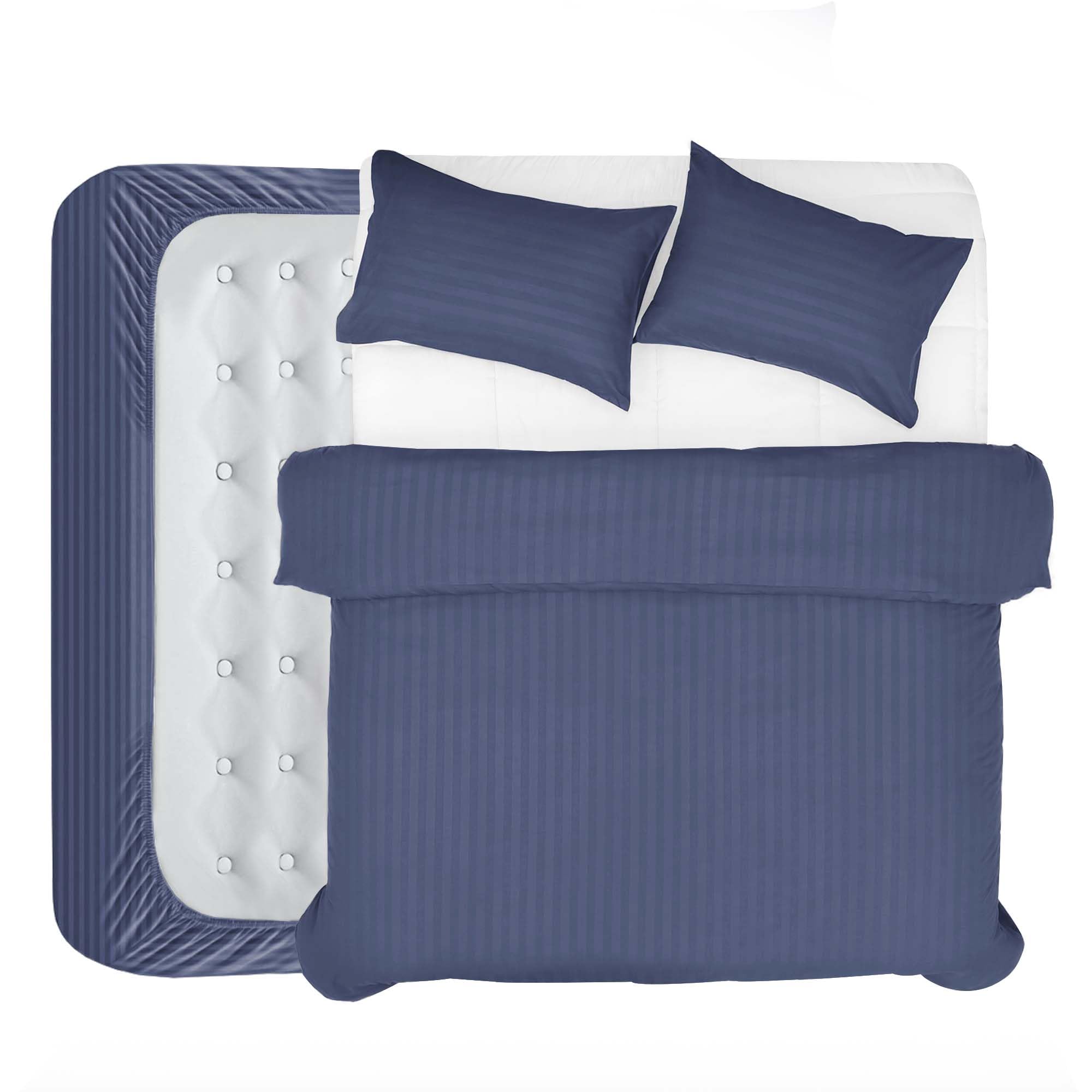 BedLooms 4 Piece Double Duvet Set - Duvet Cover and Fitted Sheet with Pillow cases - Satin Stripes Soft Brushed Microfiber (Washed Blue)