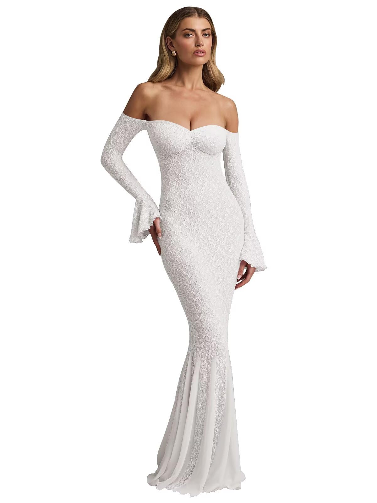 Xijun Womens Lace Mermaid Prom Dresses Long Bell Sleeve Off Shoulder Bodycon Elegant Formal Evening Party Gowns