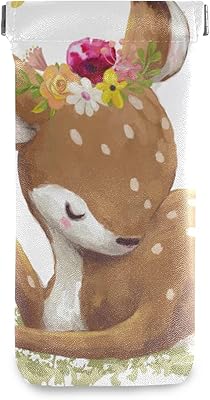 HUSSRITY Eyeglasses Case Cartoon Deer Flowers Sunglasses Pouch Soft PU Leather Squeeze Top Eyeglass Holder Portable Glasses Case For Women Men