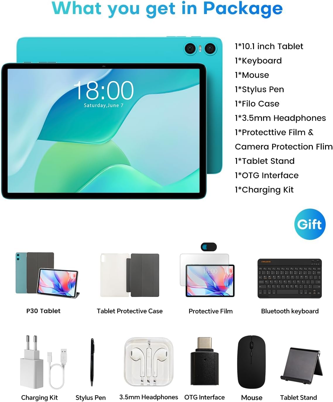 TECLAST P33 Tablet 10" Android 15, con Teclado y Ratón, WiFi 6, BT 5.4 | 10 accesorios tablet 2 en 1,Gemini AI,Widevine L1, 6000 mAh, Octa-Core,64GB ROM + 4TB TF