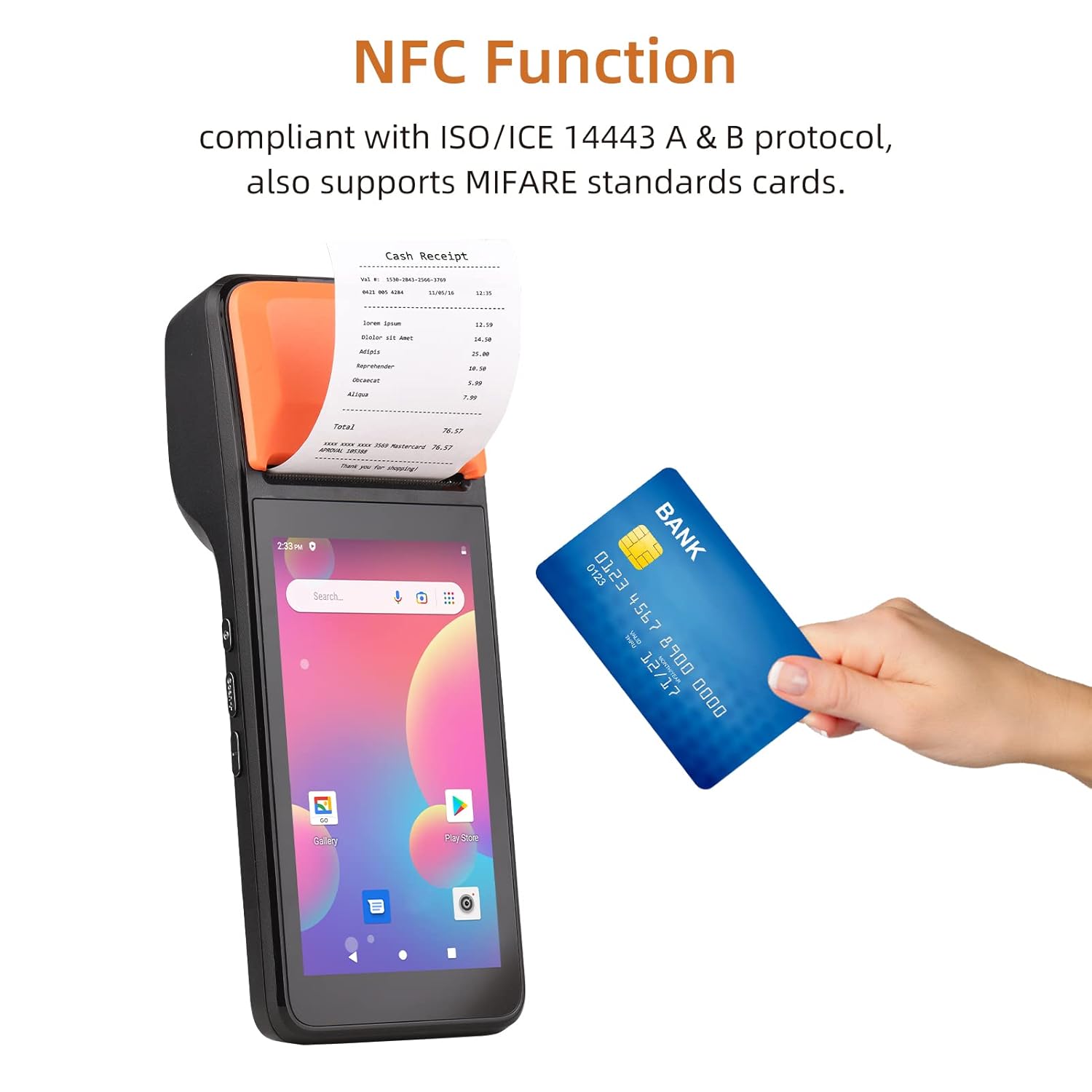 BISOFICE H5 Handheld POS Terminal displaying a cash receipt on screen and a bank card being tapped near the NFC reader.
