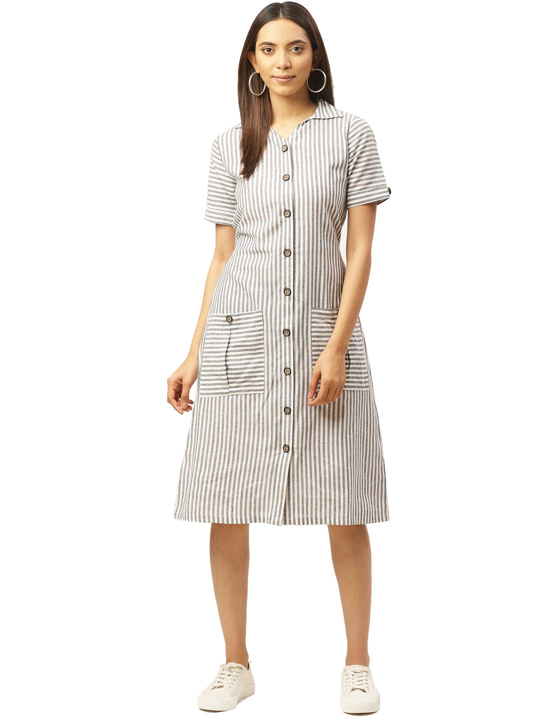 Dennis Lingo Women Off-White & Black Striped Shirt Dress in black