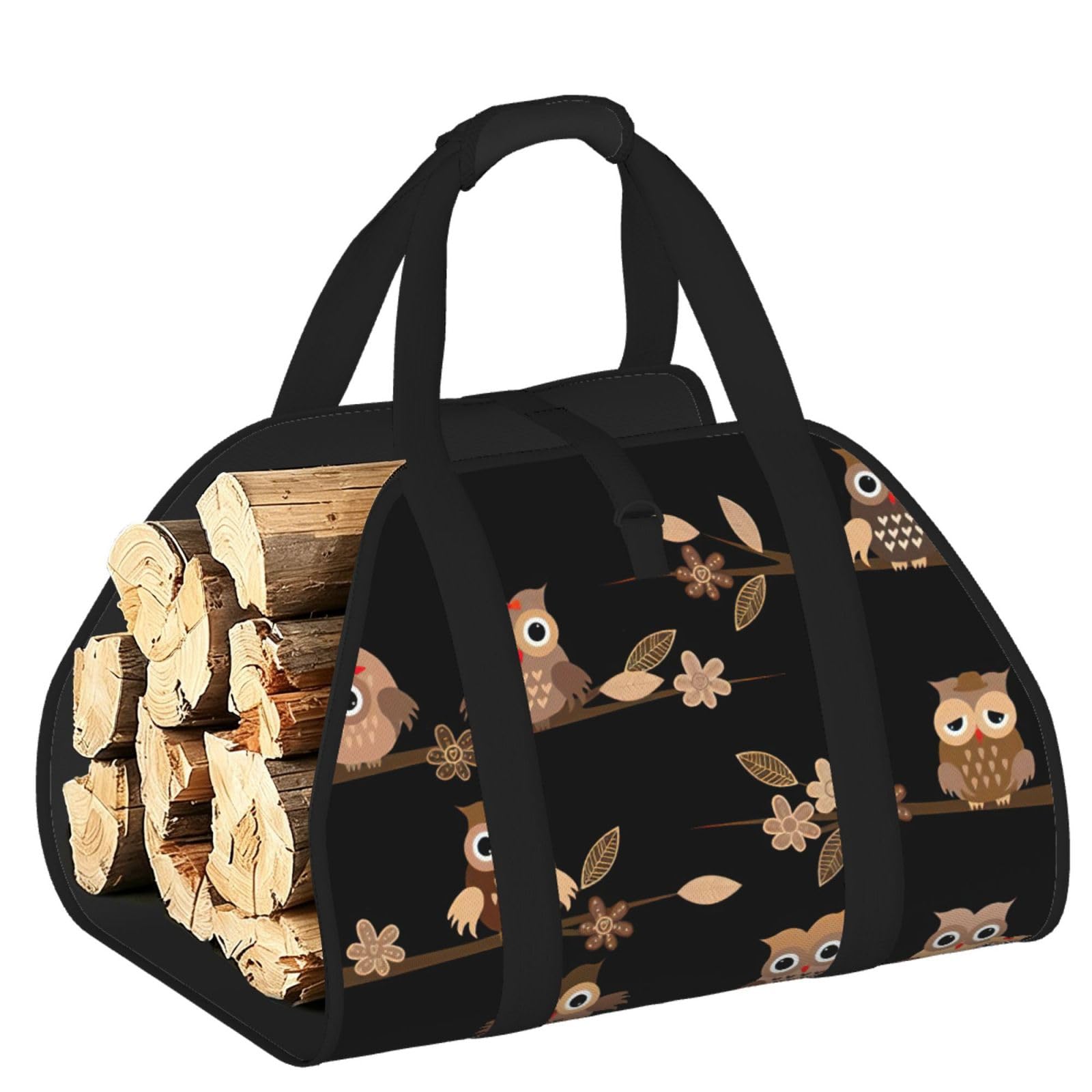 Cute Brown Cartoon Owls Printed Firewood Carrier Bag, Log Tote with Open-Ended Design for Camping Outdoor Wood Hauling