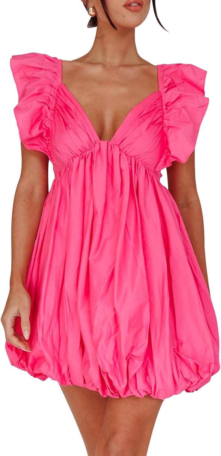 hibshaby Summer Mini Dress Deep V-Neck Babydoll Dress Bubble Dress Backless Lace Up Sexy Short Dress