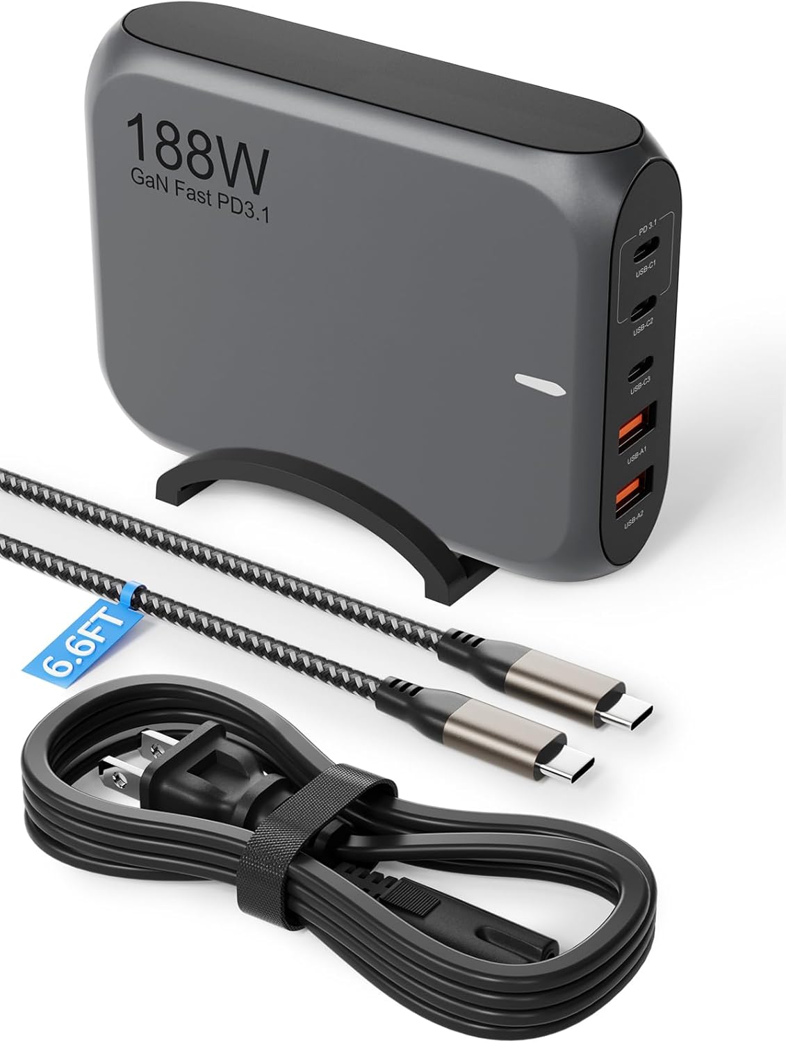 188W USB C Charger,GaN PD3.1 PPS 5-Port Charger Compatible with MacBook Pro/Air, Ipad Pro/Air, iPhone 16 Pro Max/15/14,Samsung S24/S23/S22,Chromebook, Dell XPS(with 240W Cable)