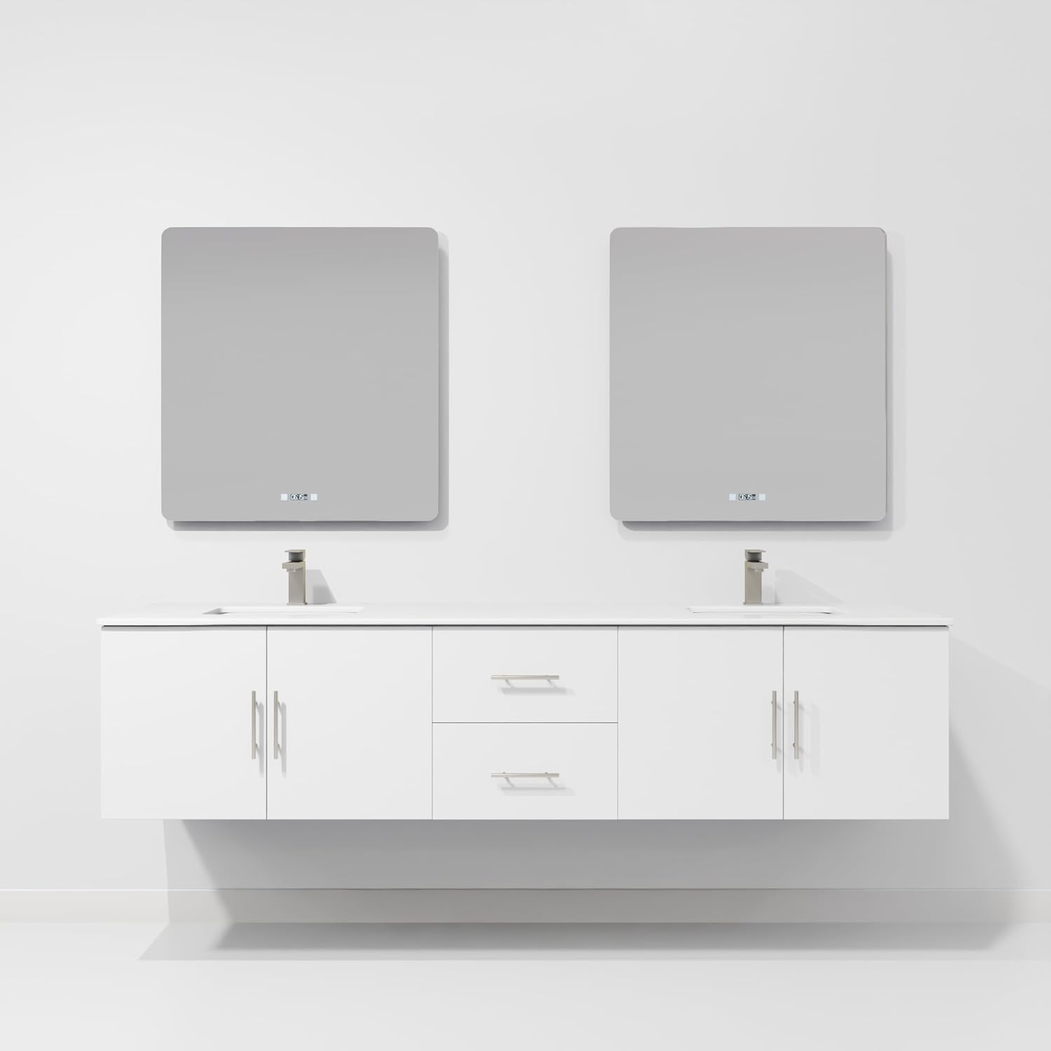 Geneva 80 in. W x 22 in. D Glossy White Double Bath Vanity, Cultured Marble Top, Faucet Set and 30 in. LED Mirrors