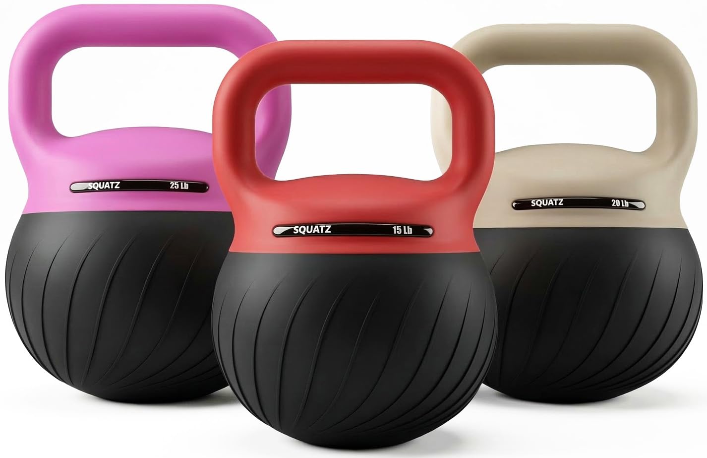 Squatz Zestaw hantli kettlebell z miękkim opadaniem do treningu siłowego w domu - zestaw kettlebell z wyściełaną podstawą i szerokim uchwytem, konstrukcja odporna na podłoże, 6,8 kg, 9,1 kg i 25