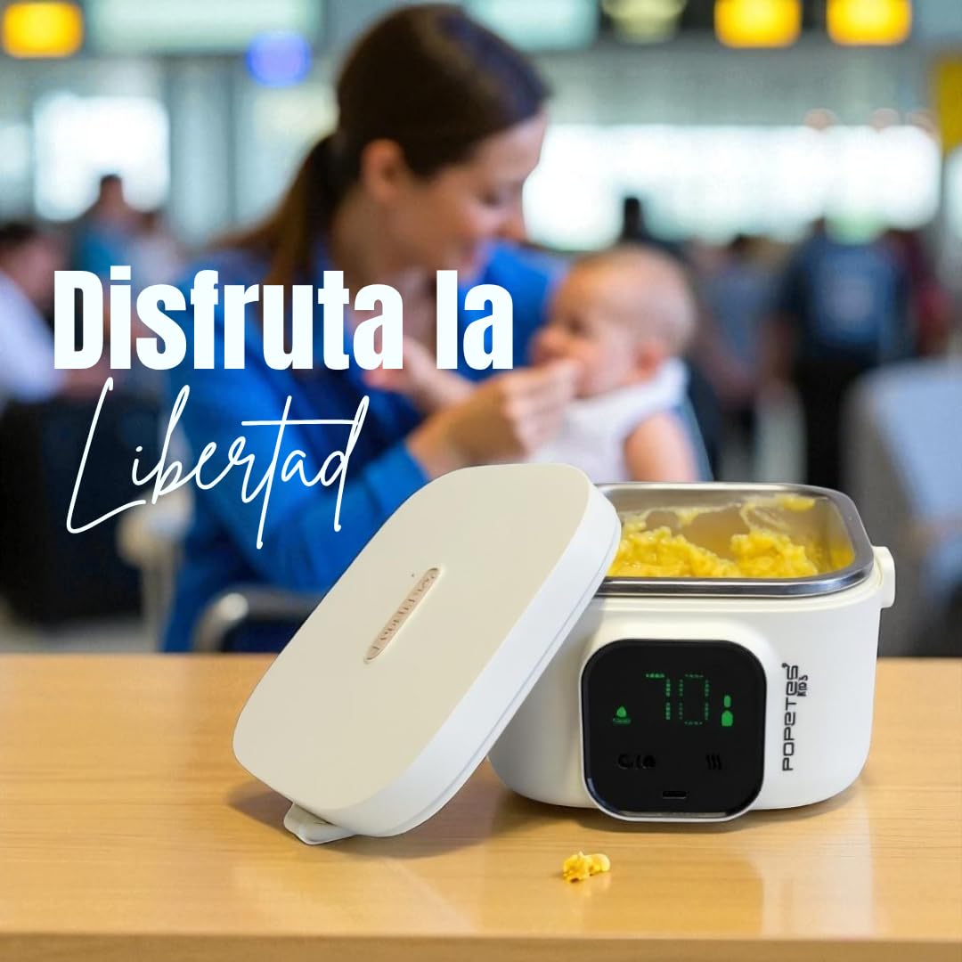 Calentador de comida portátil LUNCH BOX© para bebé | Inalámbrico, USB, recipiente acero inoxidable hermético | Transporta y calienta purés y potitos