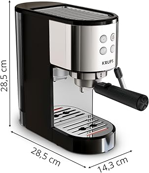 Krups Virtuoso Essential - Cafetera espresso 15 bar, acero inox negro, diseño compacto y elegante, parada automática, espresso y cappuccino, Thermoblock, boquilla de vapor, incluye cuchara, XP44181