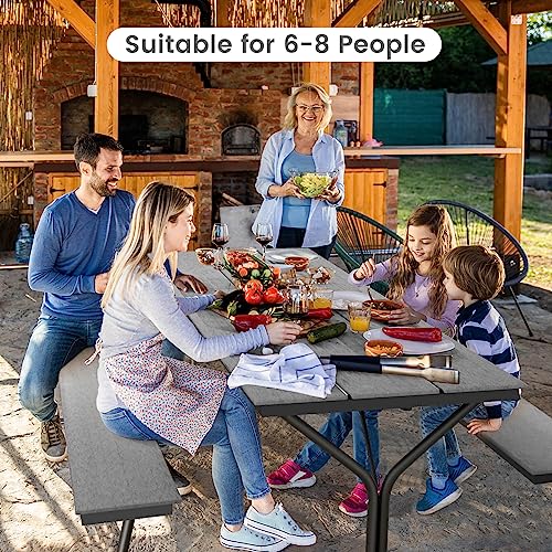 Giantex 6 Ft Outdoor Picnic Table Bench Set For 6-8 People, Patio Dining Table & 2 Benches With Metal Frame & Hdpe Surfaces, Balcony Conversation Set For Poolside, Deck & Garden (Gray) #TOP5