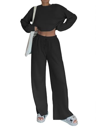 iGENJUN Two Piece Outfits Oversized Waffle Long Sleeve Crop Tops and Wide Leg pant Lounge Sets