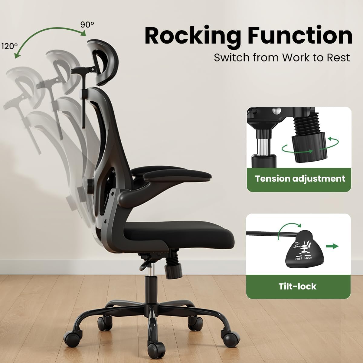 Image demonstrating the rocking function of the chair, showing the backrest reclining from 90 to 120 degrees, along with close-ups of the tension adjustment knob and tilt-lock lever.