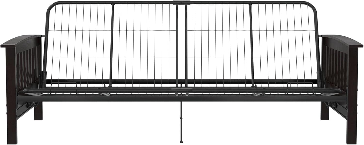 Gray Linen Reclining Futon with Dark Wood Arms and Metal Frame