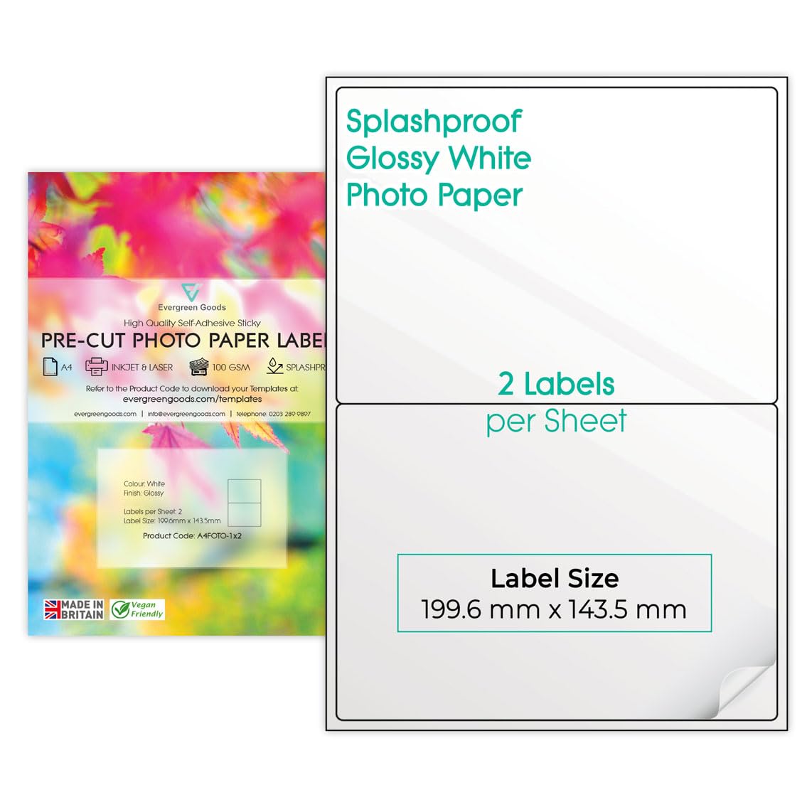 Precut Labels Stickers A4 Sheet (1x2 (2 per Sheet), 100 Sheets) | Glossy White Photo Sticker Paper A4 Labels Splashproof | 9 Label Size Variations | Inkjet & Laser Printable — image 1