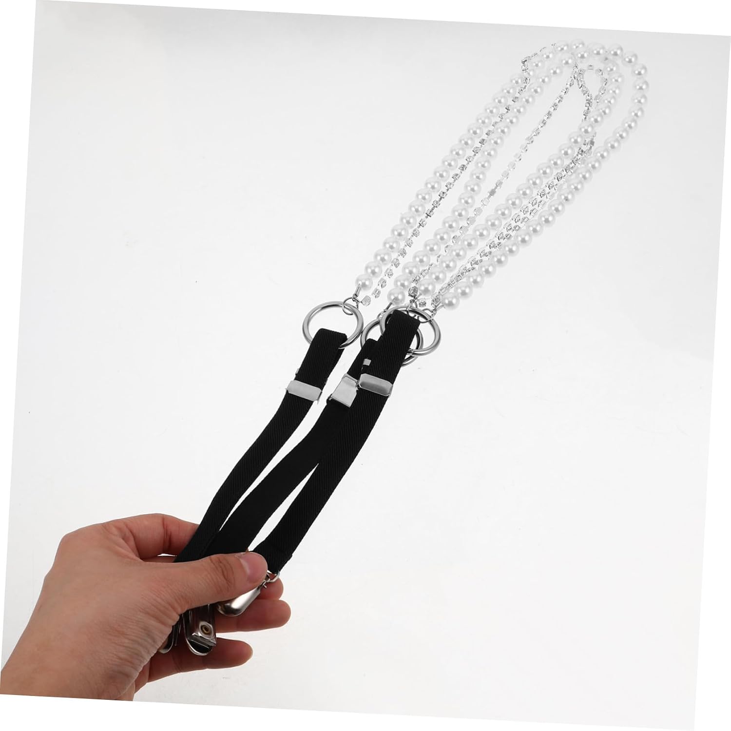 Adjustable Pearl Suspenders for Women with Elastic Band and Triple-clasp Design, Stylish Black Alloy Suspenders with Rhinestone Chain, for Daily Wear and Parties
